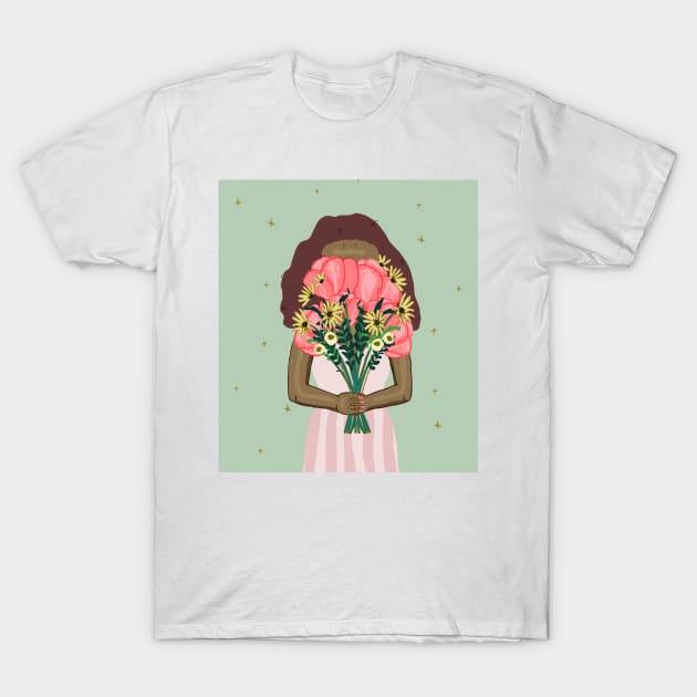 Cute girl holding a floral bouquet in a pink dress | pink and green T-Shirt by Ipoole